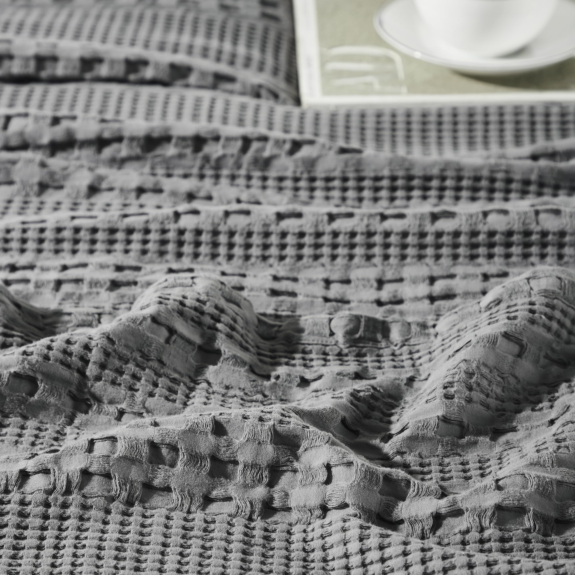 VHC Brands Waffle Weave Dark Gray Pillow Cover Set (2-Pack) 24x24 - Decorative Throw Pillow Covers for Farmhouse Boho Bedroom & Living Room Decor