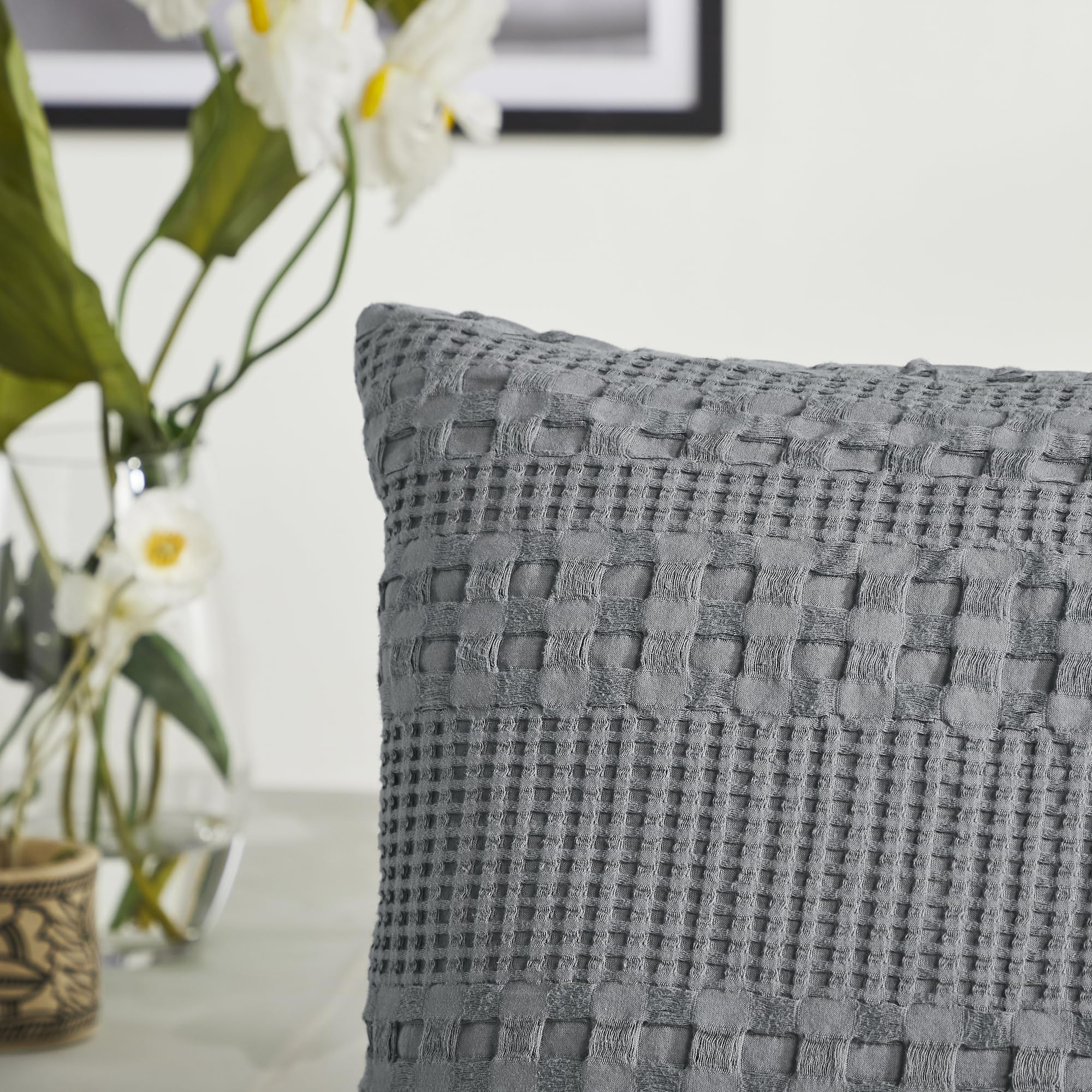 VHC Brands Waffle Weave Dark Gray Pillow Cover Set (2-Pack) 24x24 - Decorative Throw Pillow Covers for Farmhouse Boho Bedroom & Living Room Decor