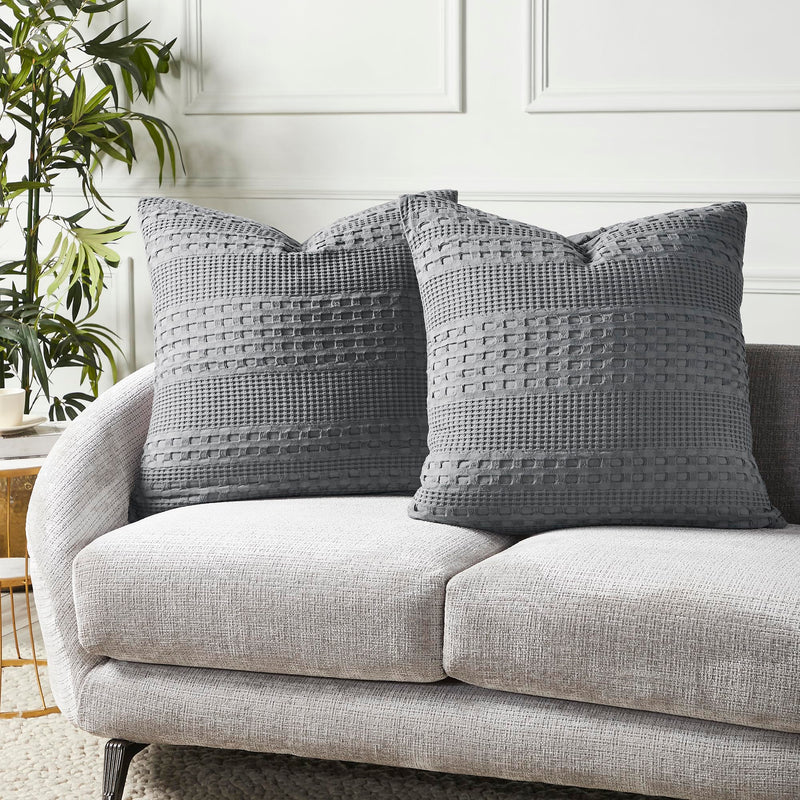 VHC Brands Dark Gray Waffle Weave Euro Shams (Set of 2, 26x26) - Farmhouse Boho Decorative Pillow Covers for Bedroom Decor