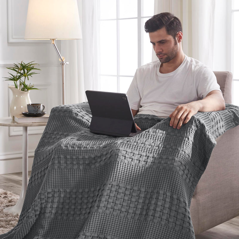 VHC Brands Waffle Weave Dark Gray Throw 50x60 - Cotton Blanket for Boho Farmhouse Bedroom & Living Room Decor, Couch, Sofa, Bed