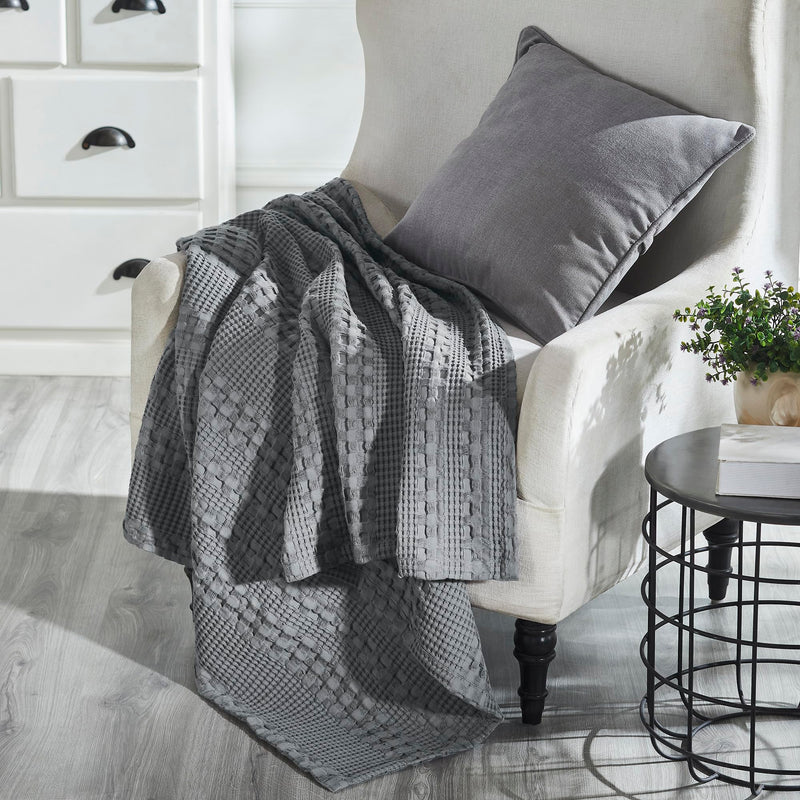 VHC Brands Waffle Weave Dark Gray Throw 50x60 - Cotton Blanket for Boho Farmhouse Bedroom & Living Room Decor, Couch, Sofa, Bed