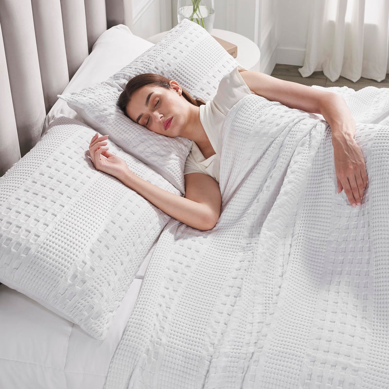 VHC Brands Waffle Weave White King Shams (Set of 2) - 20x36 Boho Farmhouse Decorative Pillow Covers for Bedroom Decor