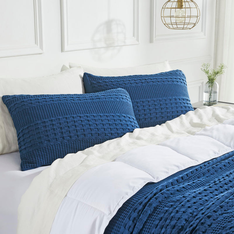 VHC Brands Waffle Weave Navy Blue Standard Pillow Sham Set (2-Pack) - 20x26 Farmhouse Boho Decorative Bedding