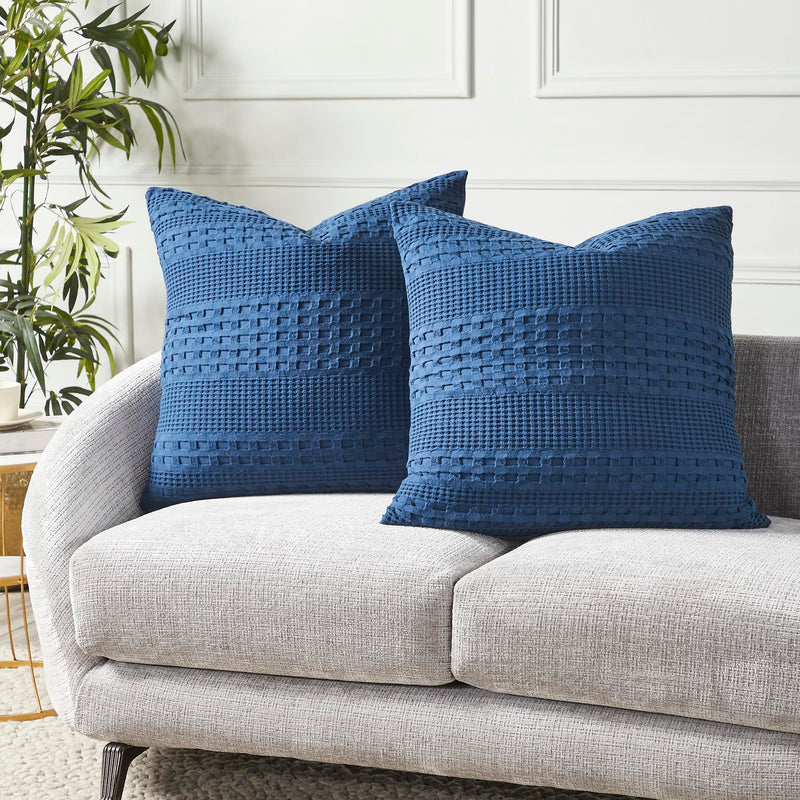VHC Brands Waffle Weave Navy Euro Shams (Set of 2, 26x26) - Farmhouse Boho Decorative Pillow Covers
