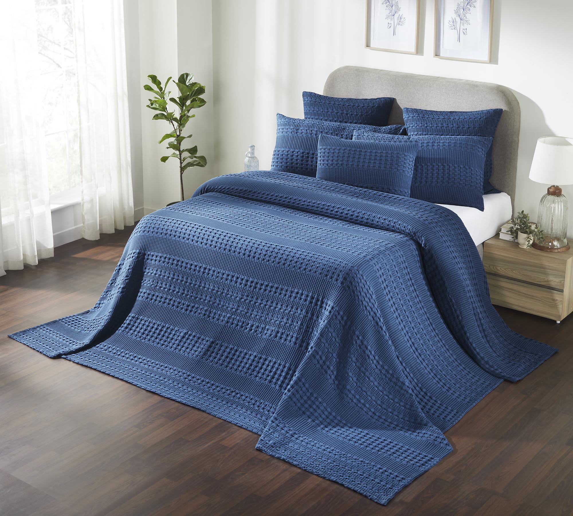 Navy Blue Waffle Weave Cotton Oversized King Blanket - 120x120 - Lightweight Bed & Sofa Cover - VHC Brands