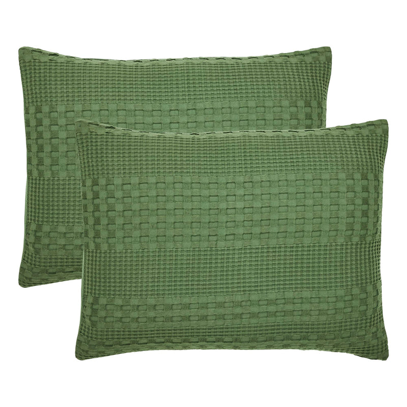 VHC Brands Waffle Weave Olive Green Standard Shams (Set of 2) 20x26 - Farmhouse & Boho Decorative Pillow Covers for Bedroom Decor