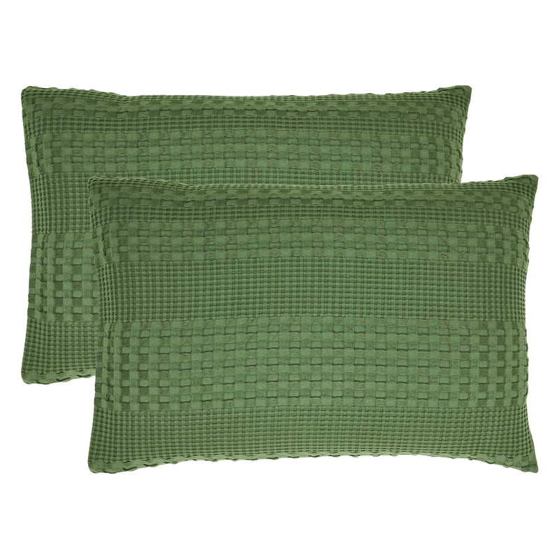 VHC Brands Waffle Weave Olive Green Queen Shams (Set of 2), 20x30 - Farmhouse Boho Decorative Pillow Covers