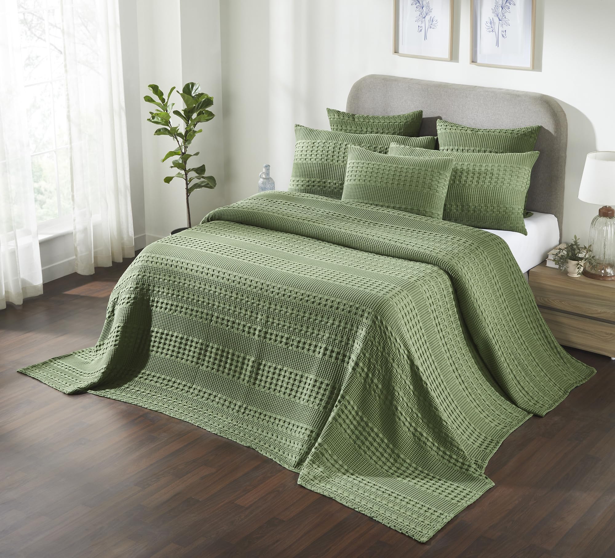 Olive Green Waffle Weave Cotton Oversized King Blanket - 120x120 - Lightweight Bed & Sofa Cover - VHC Brands