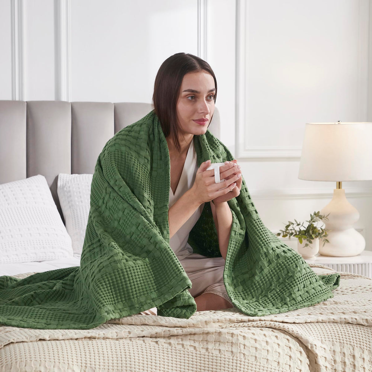 VHC Brands Waffle Weave Olive Green Throw Blanket 50x60 - Boho Farmhouse Cotton Decor for Bed, Couch & Sofa