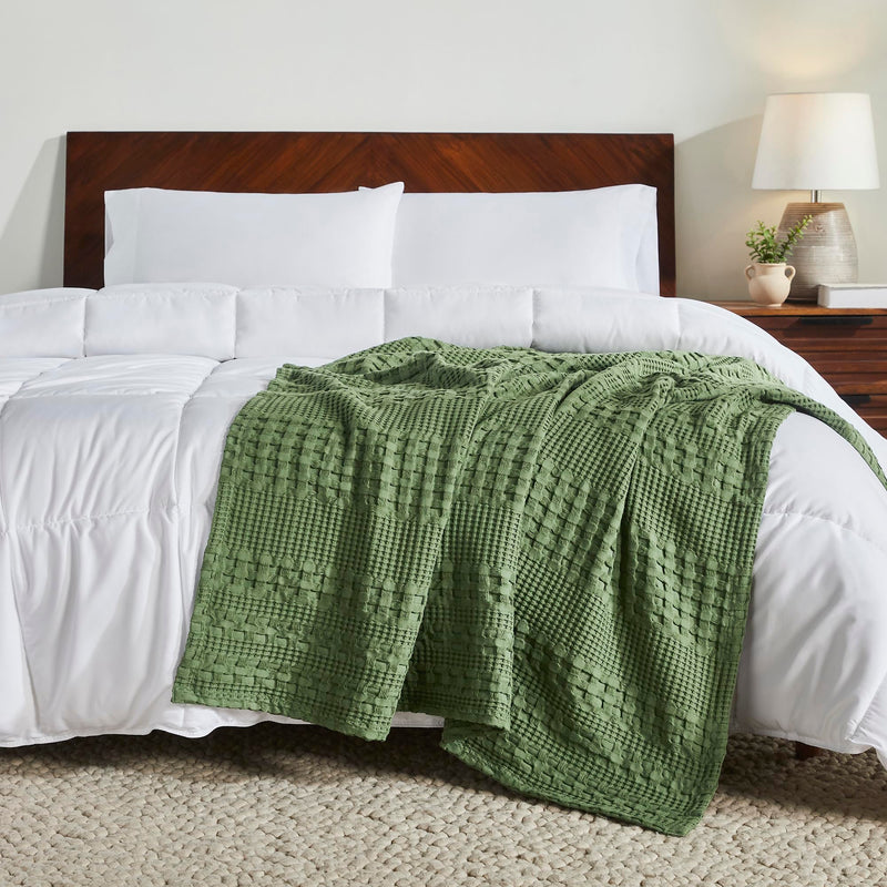 VHC Brands Waffle Weave Olive Green Throw Blanket 50x60 - Boho Farmhouse Cotton Decor for Bed, Couch & Sofa