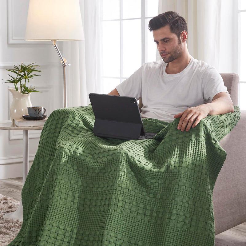 VHC Brands Waffle Weave Olive Green Throw Blanket 50x60 - Boho Farmhouse Cotton Decor for Bed, Couch & Sofa