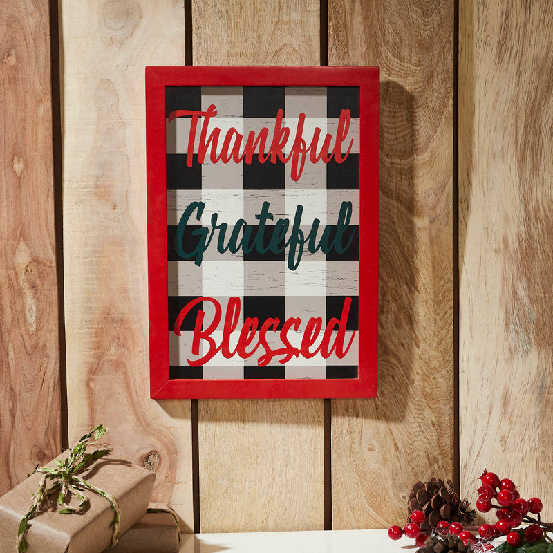 Thankful Grateful Blessed Christmas Gingham Wall Hanging Sign 13x9