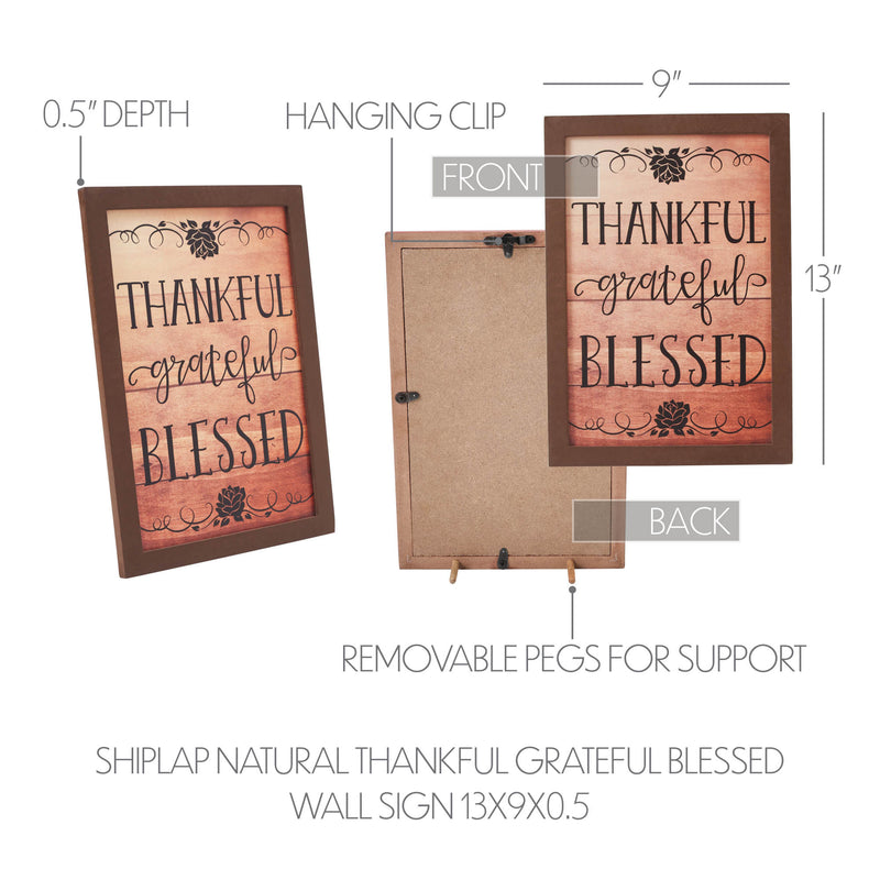 Shiplap Natural Thankful Grateful Blessed Wall Sign 13x9