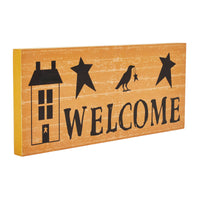 Prim Stars w/ Raven Saltbox House Mustard Base Welcome MDF Sign 7x16