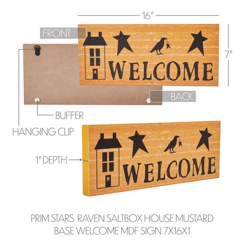 Prim Stars w/ Raven Saltbox House Mustard Base Welcome MDF Sign 7x16