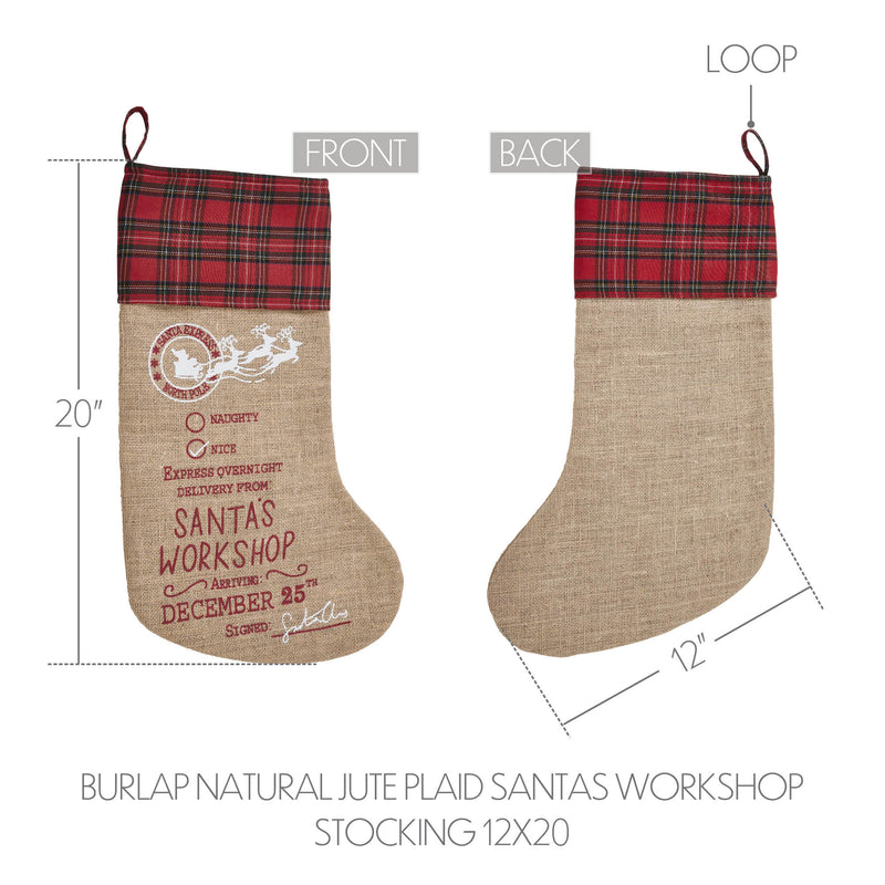 Burlap Natural Jute Plaid Santa's Workshop Stocking 12x20