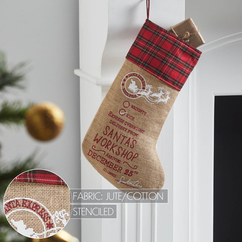 Burlap Natural Jute Plaid Santa's Workshop Stocking 12x20