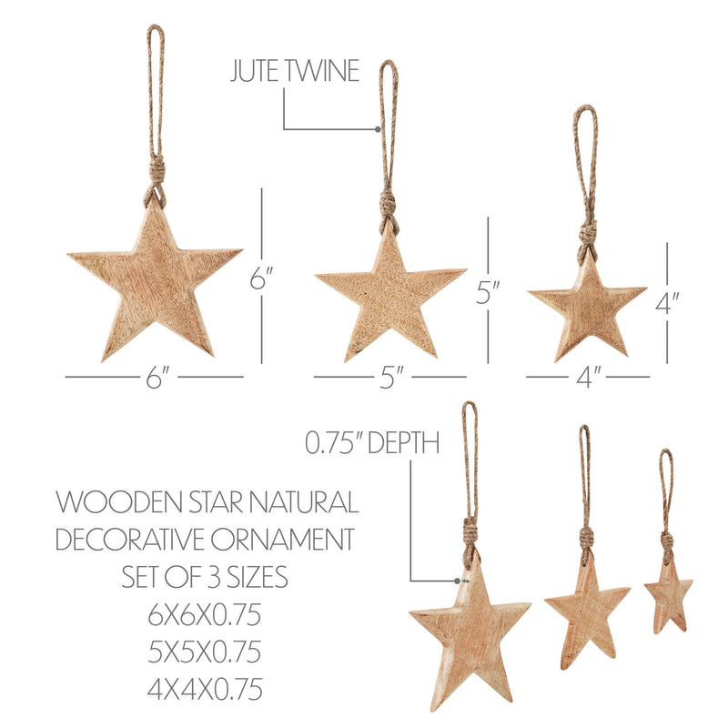 Wooden Star Natural Decorative Ornament Set of 3 Sizes