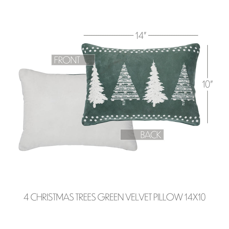 4 Christmas Trees Green Velvet Pillow 14x10