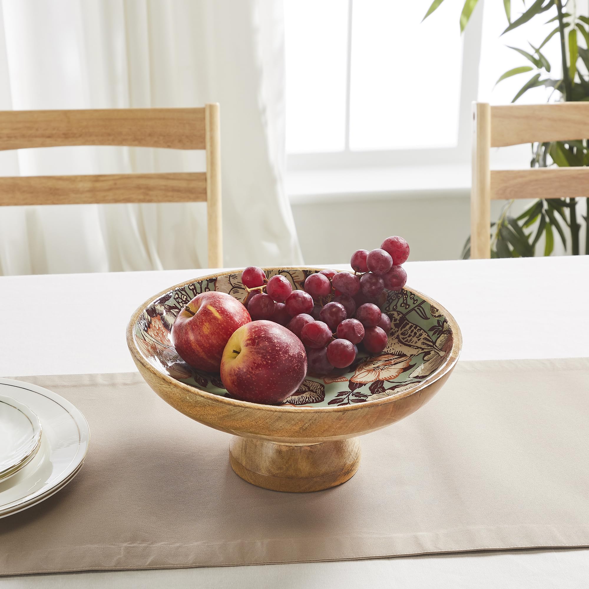 Natural with Bird Print Wooden Bowl 12x12x5.5
