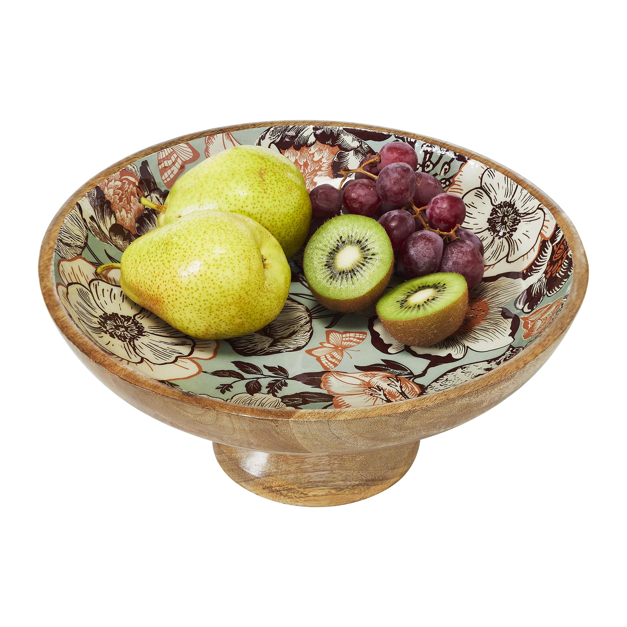 Natural with Bird Print Wooden Bowl 12x12x5.5
