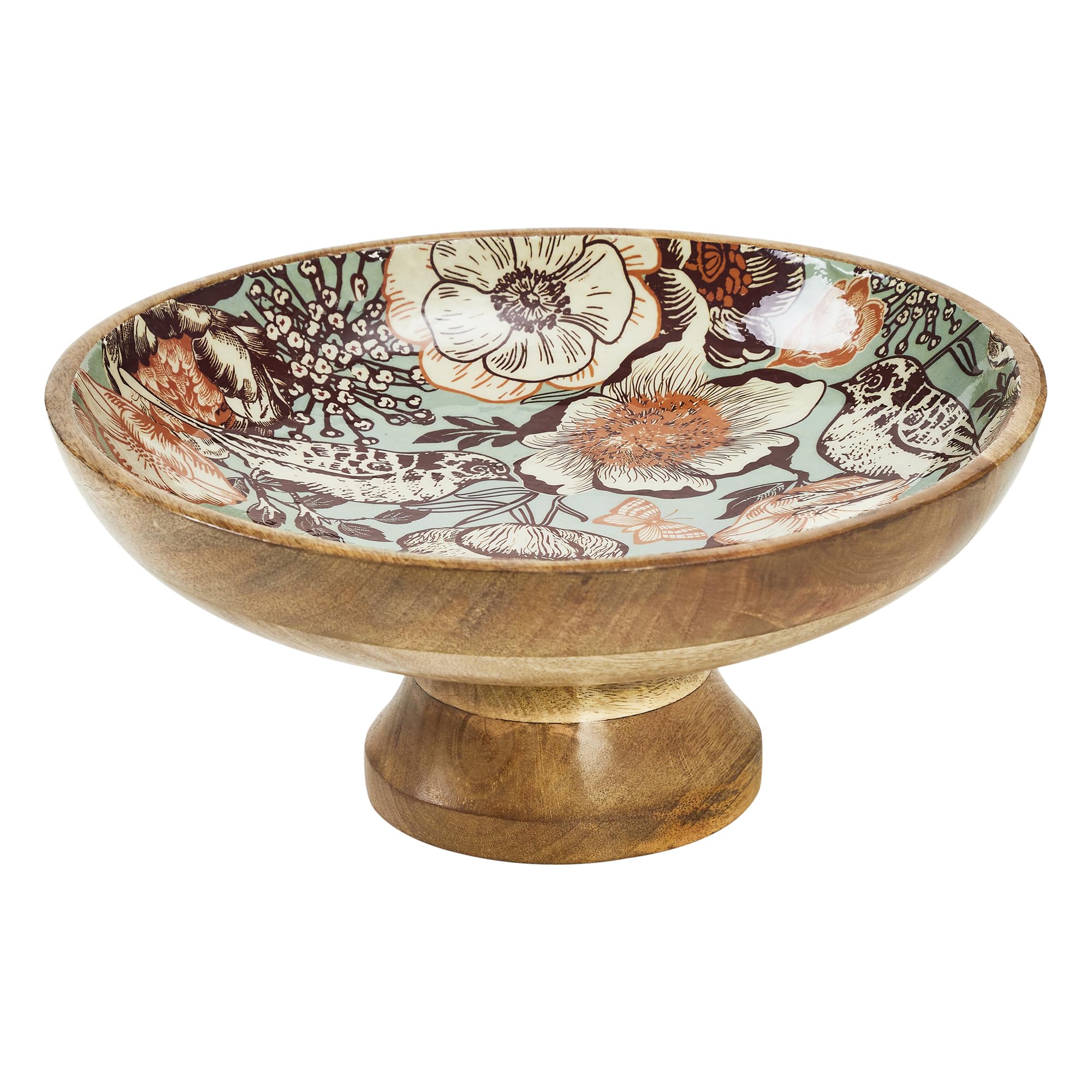 Natural with Bird Print Wooden Bowl 12x12x5.5