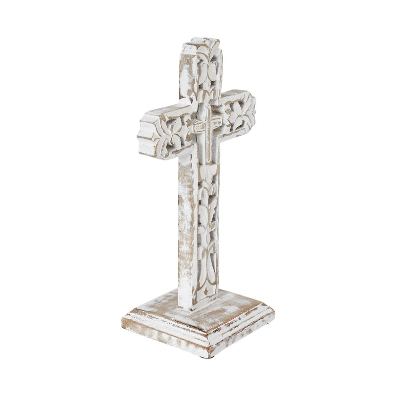 Distressed White Ornate Wooden Cross w/ Base 13x7.5x5