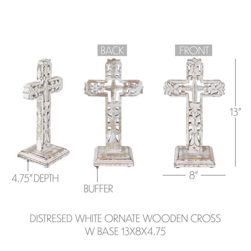 Distressed White Ornate Wooden Cross w/ Base 13x7.5x5