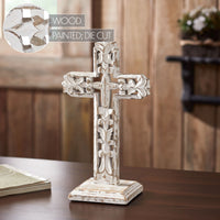 Distressed White Ornate Wooden Cross w/ Base 13x7.5x5