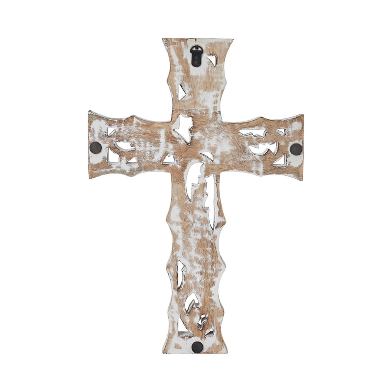 Natural & Distressed White Wooden Cross Wall Hanging 18x12