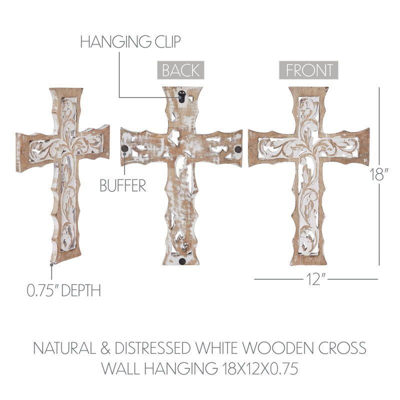 Natural & Distressed White Wooden Cross Wall Hanging 18x12