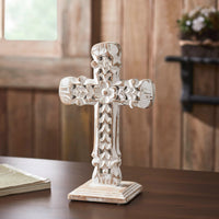 Natural & Distressed White Wooden Cross w/ Rosette Center & Base 13x8x5