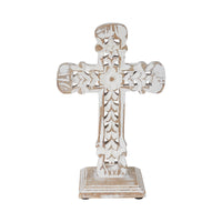 Natural & Distressed White Wooden Cross w/ Rosette Center & Base 13x8x5