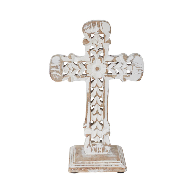 Natural & Distressed White Wooden Cross w/ Rosette Center & Base 13x8x5