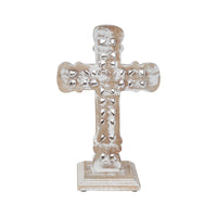 Natural & Distressed White Wooden Cross w/ Rosette Center & Base 13x8x5