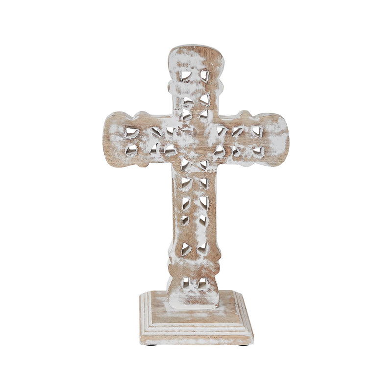 Natural & Distressed White Wooden Cross w/ Rosette Center & Base 13x8x5