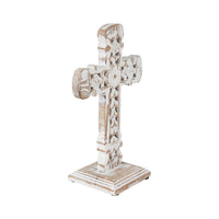 Natural & Distressed White Wooden Cross w/ Rosette Center & Base 13x8x5