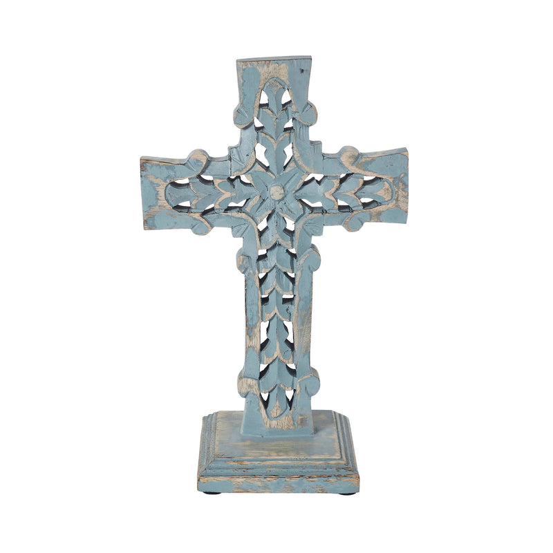 Distressed Grey Wooden Cross w/ Rosette Center & Base 13x8x5