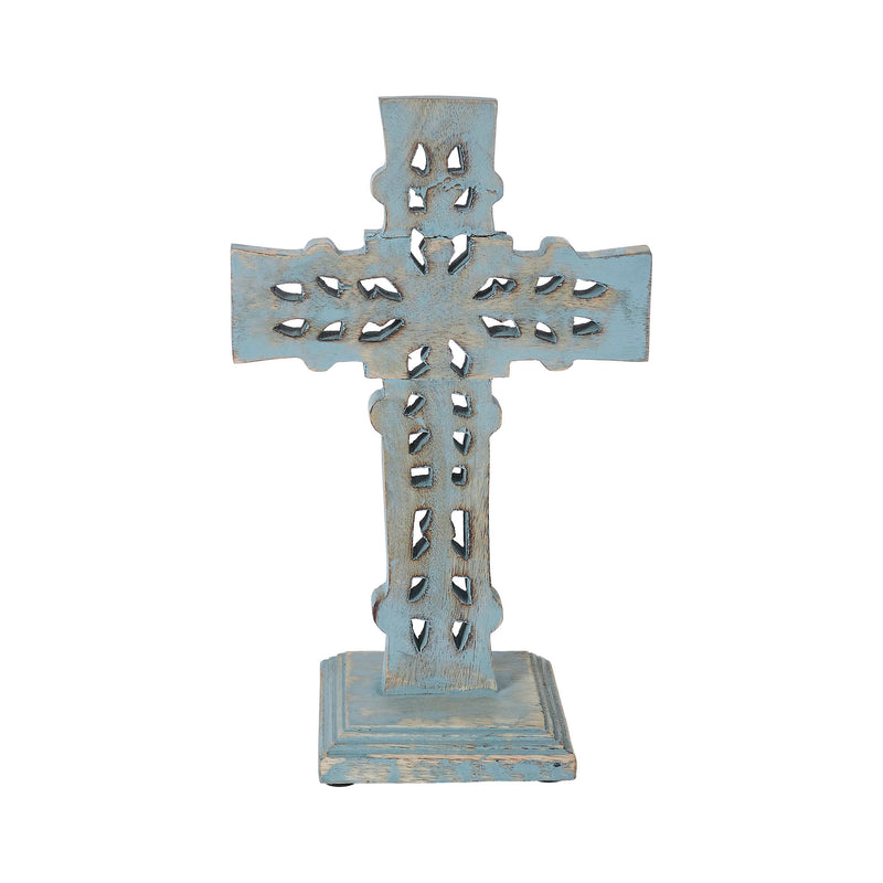 Distressed Grey Wooden Cross w/ Rosette Center & Base 13x8x5