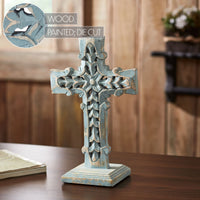 Distressed Grey Wooden Cross w/ Rosette Center & Base 13x8x5