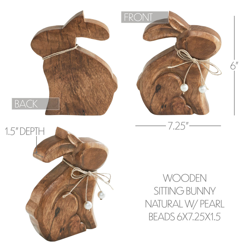 Bunny Hop Wooden Sitting Bunny Natural w/ Pearl Beads 6x7.25x1.5