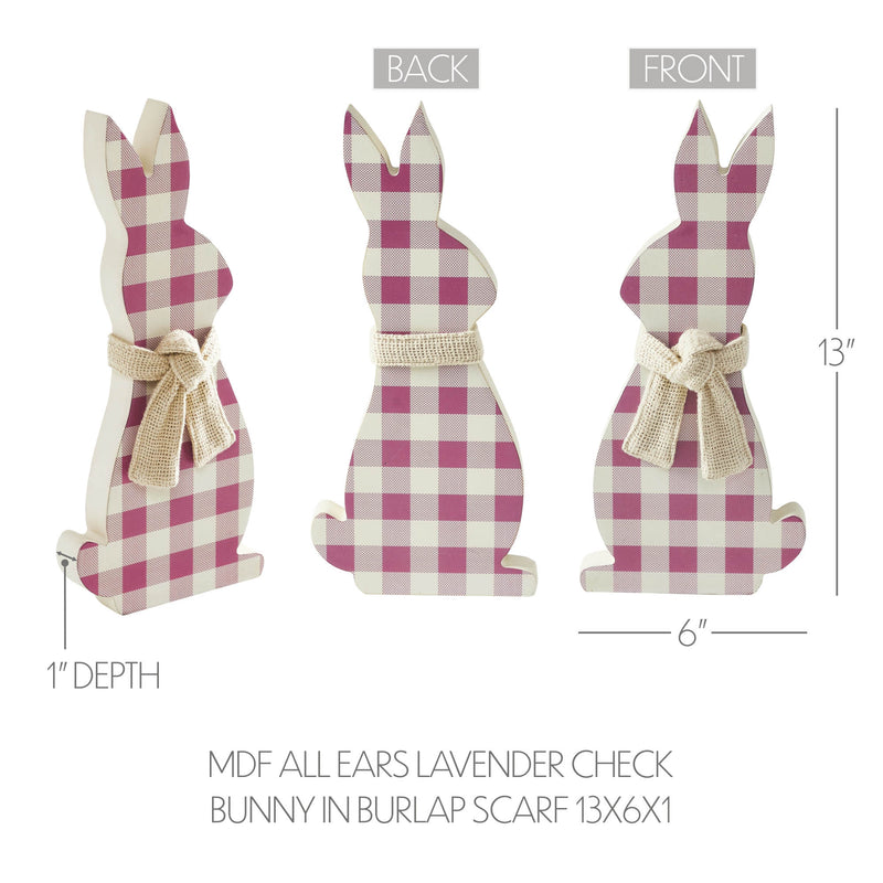 Bunny Hop MDF All Ears Lavender Check Bunny In Burlap Scarf 13x6x1