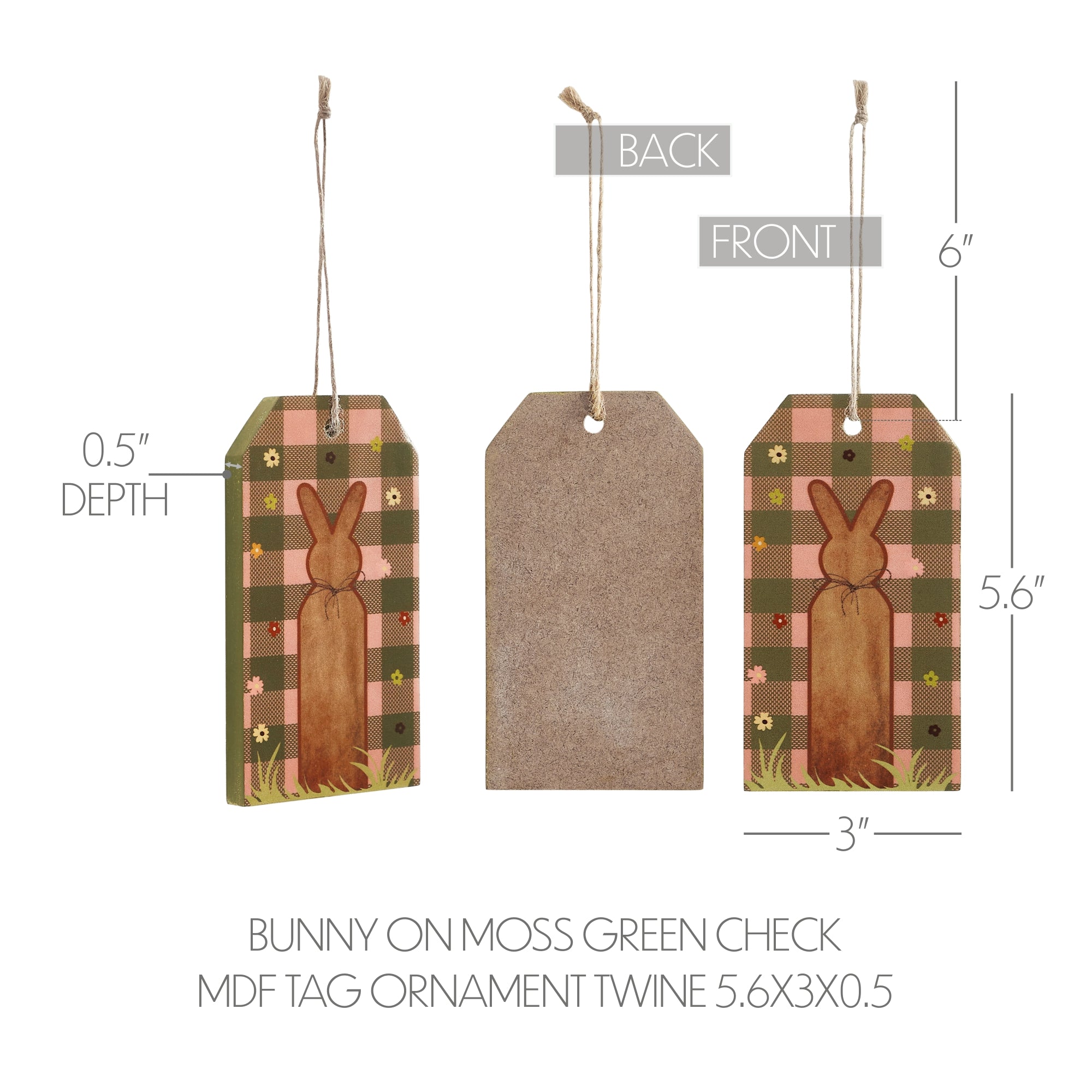 Bunny Hop Bunny on Moss Green Check MDF Tag Ornament w/ Twine 5.6x3x0.5