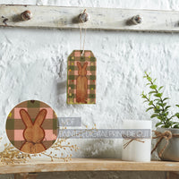 Bunny Hop Bunny on Moss Green Check MDF Tag Ornament w/ Twine 5.6x3x0.5