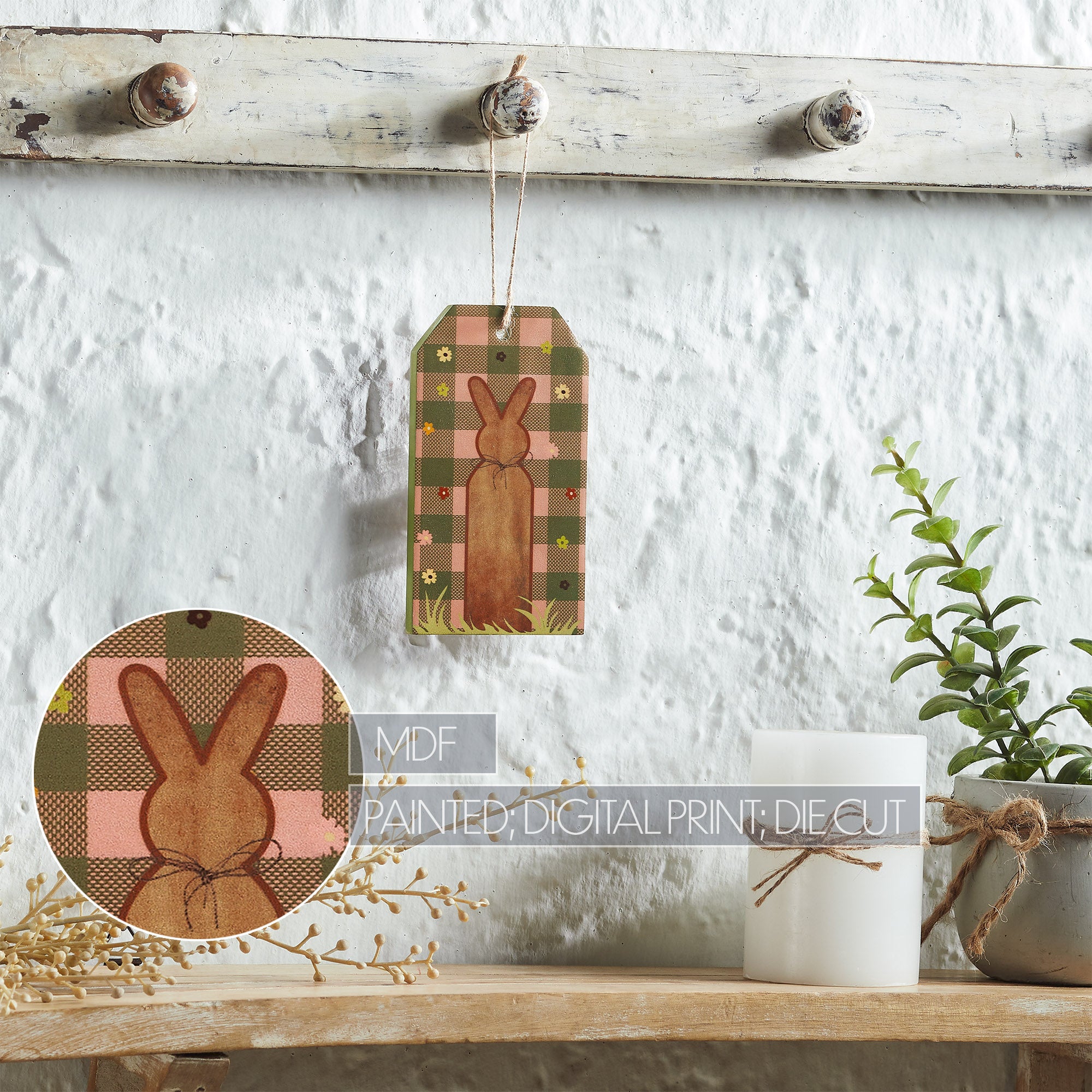 Bunny Hop Bunny on Moss Green Check MDF Tag Ornament w/ Twine 5.6x3x0.5