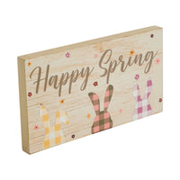 Bunny Hop Happy Spring 3 Bunnies In Check MDF Wall Sign w/ Twine 5x9x0.75