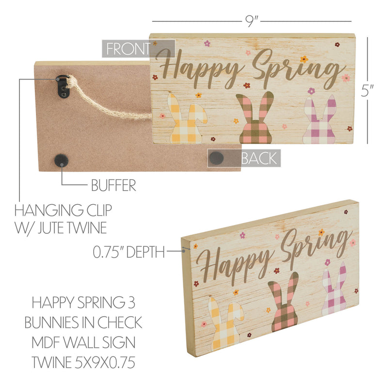 Bunny Hop Happy Spring 3 Bunnies In Check MDF Wall Sign w/ Twine 5x9x0.75