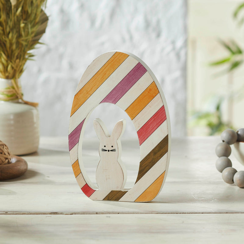 Bunny Hop MDF Bunny In Striped Egg 8x5.5x0.75