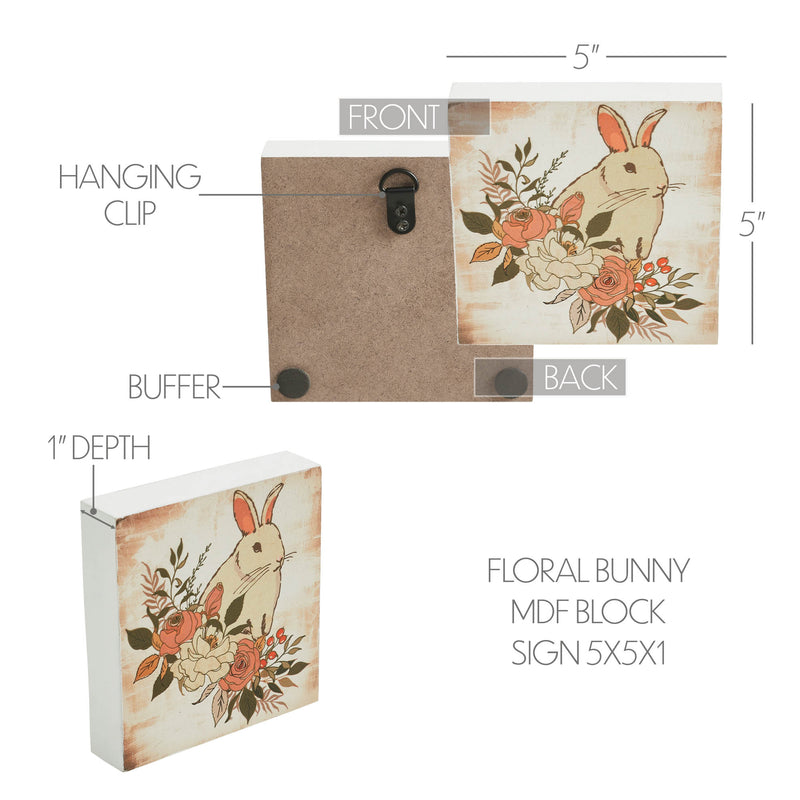 Bunny Hop Floral Bunny MDF Block Sign 5x5x1