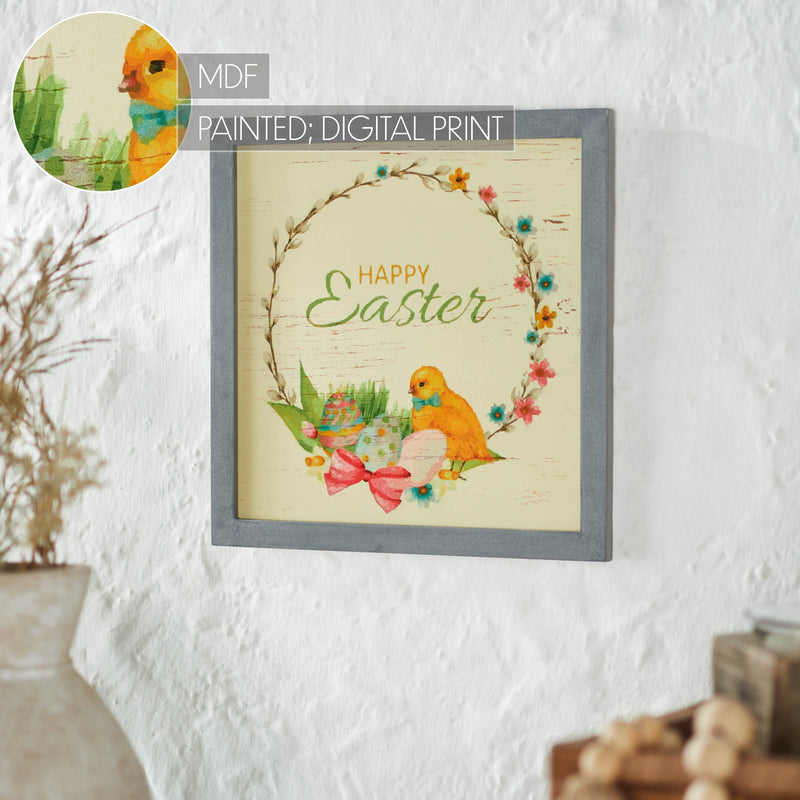 Bunny Hop Happy Easter Chick & Wreath MDF Wall Sign 12x12x0.5